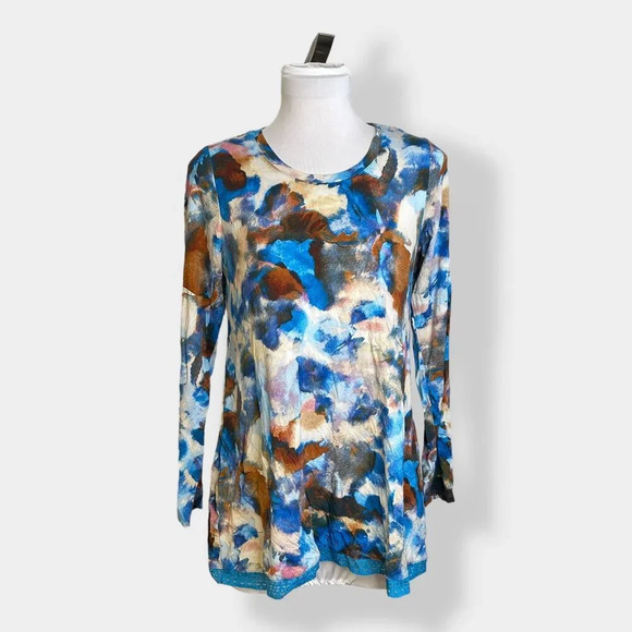 LOGO by Lori Goldstein Rayon‎ 230 Printed Top with Lace Hem - Picture 1 of 6